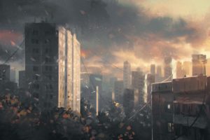 apocalyptic, Skyscrapers, Fire, Fantasy, Sci fi, City, Cities, Dark