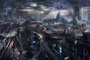 futuristic, Smoke, Destruction, Buildings, Science, Fiction, Lightning