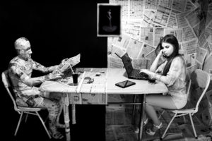 newspapers, Text, Table, Chair, Girl, Man, Laptop, Tablet, Information, Glass, Psychedelic, Women, Females, Girls, Humor, Funny