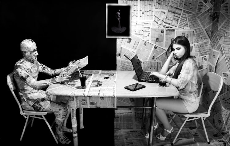newspapers, Text, Table, Chair, Girl, Man, Laptop, Tablet, Information, Glass, Psychedelic, Women, Females, Girls, Humor, Funny HD Wallpaper Desktop Background