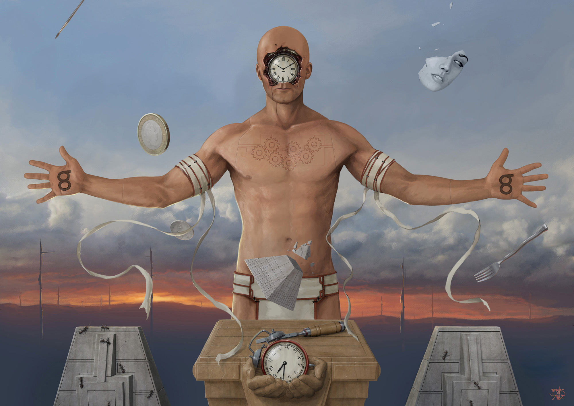art, Clock, People, Surrealism, Bandages, Money, Coins, Ants, Pyramid, Face Wallpaper