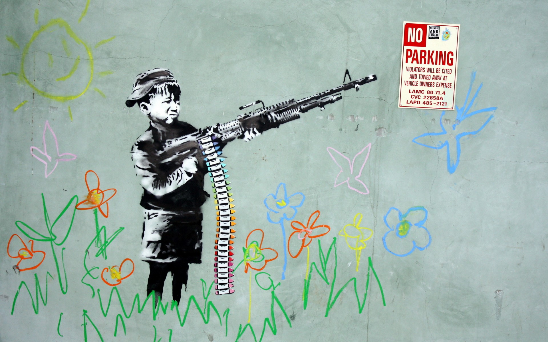 wall, Drawing, Boy, Weapons, Graffiti, Flowers, Anarchy, Sadic, Children Wallpaper