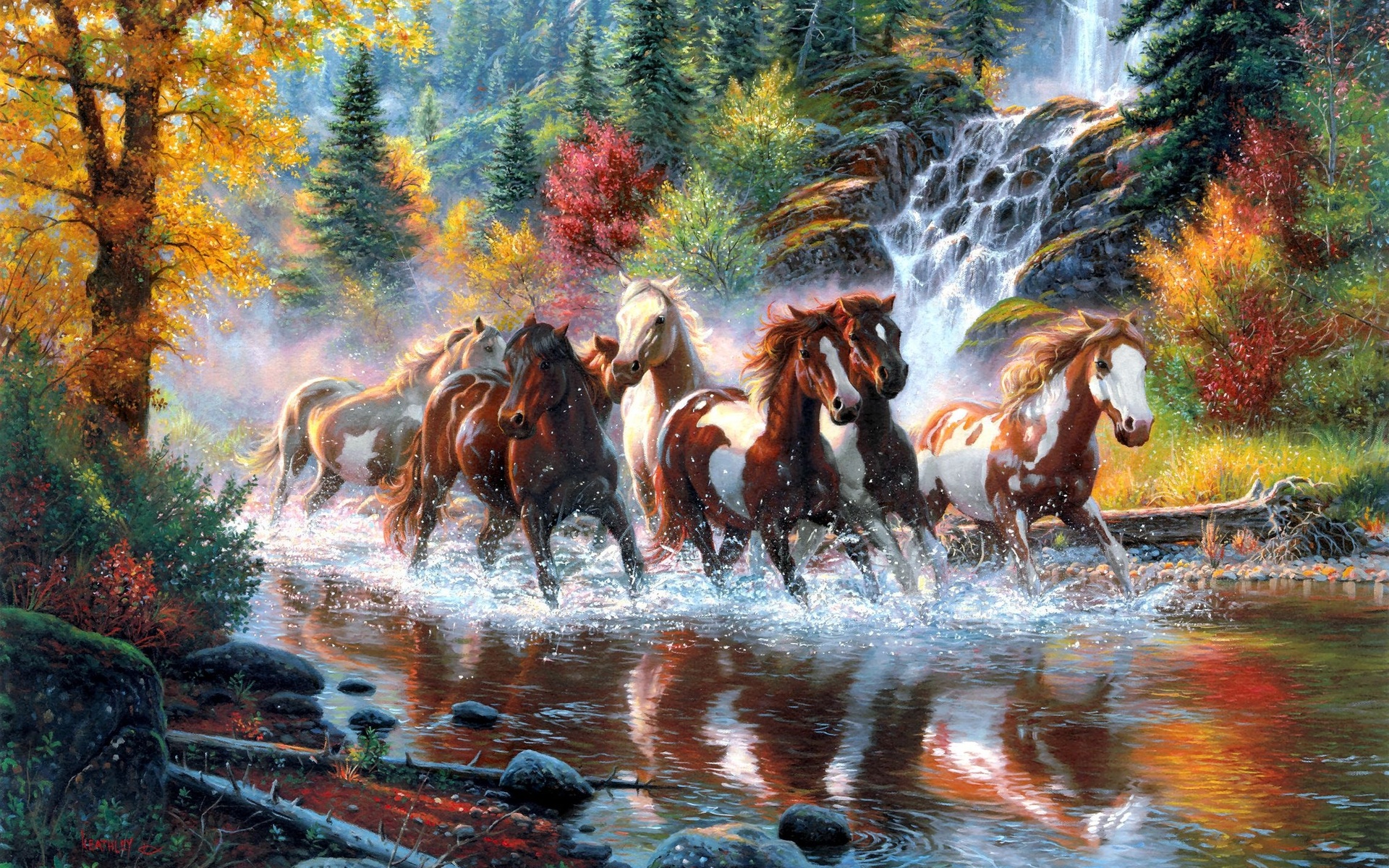 mark, Keathley, Mark keathley, Horses, Paintings, Landscapes, Nature, Trees, Forest, Waterfall, Autumn, Fall, Colors, Rivers, Artistic, Art Wallpaper