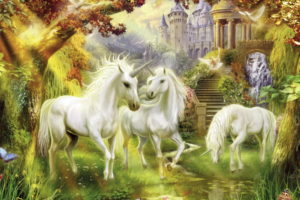 thomas kinkade, Fantasy, Unicorn, Magical, Architecture, Buildings, Trees, Forest, Paintings, Horses, Artistic, Flowers
