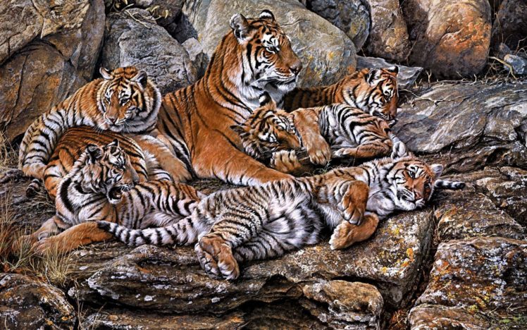 animals, Cats, Tiger, Painting, Art, Predator, Cubs, Babies, Mother HD Wallpaper Desktop Background