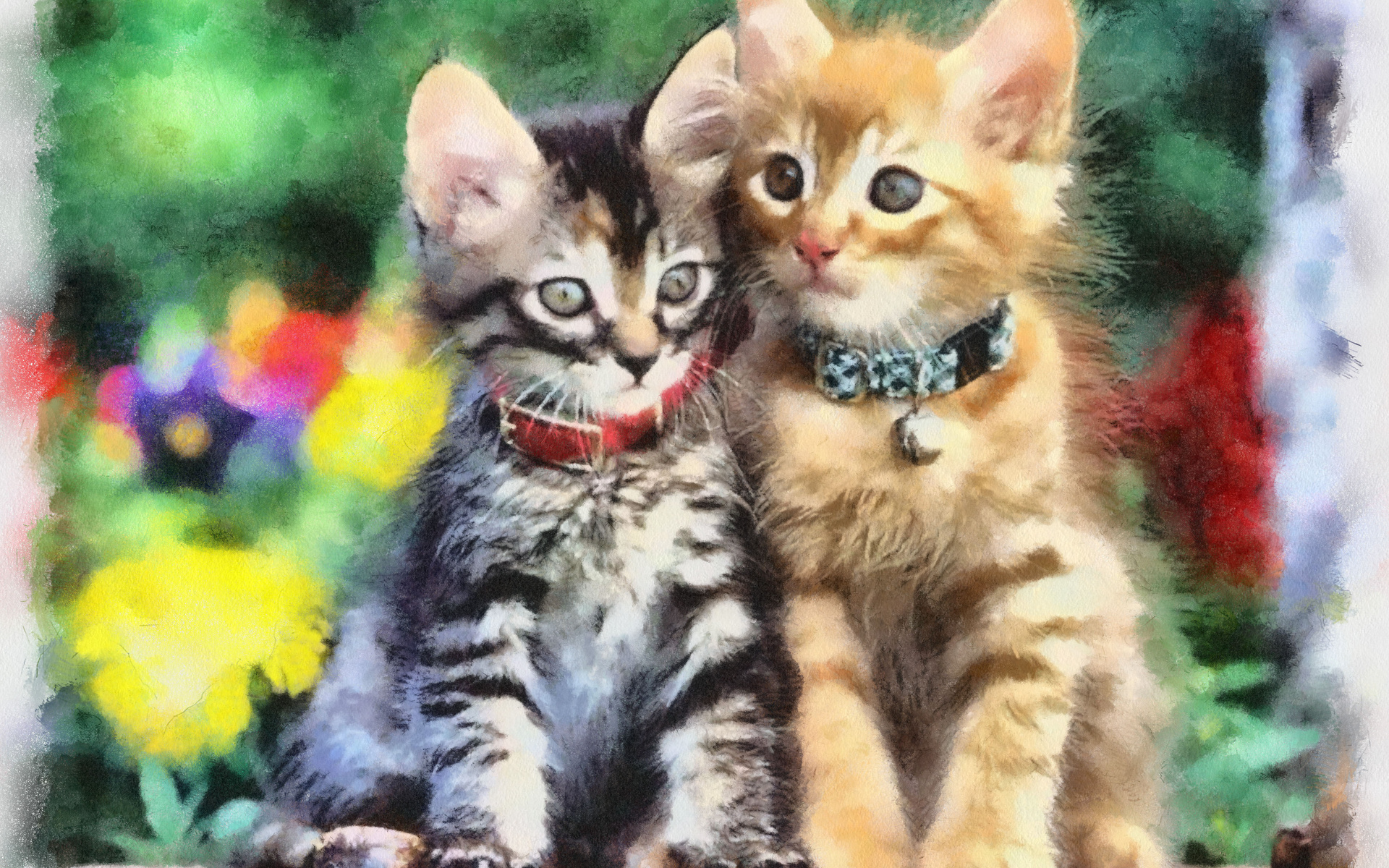 animals, Cats, Kittens, Whiskers, Fur, Face, Eyes, Nose, Collar, Jewelry, Art, Artistic, Colors, Flowers, Love, Friends, Children Wallpaper
