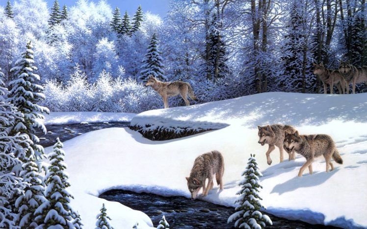 robert, A, Richert, On, The, Prowl, Art, Paintings, Oil, Nature, Landscapes, Forest, Trees, Winter, Snow, Seasons, Rivers, Streams, Water, Scenic, Bright, White, Wildlife, Predators, Animals, Wolf, Wolves, Cold, HD Wallpaper Desktop Background