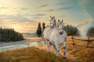 painting, Horse, White, Griva, Grass, Nature, River, Sky, Clouds