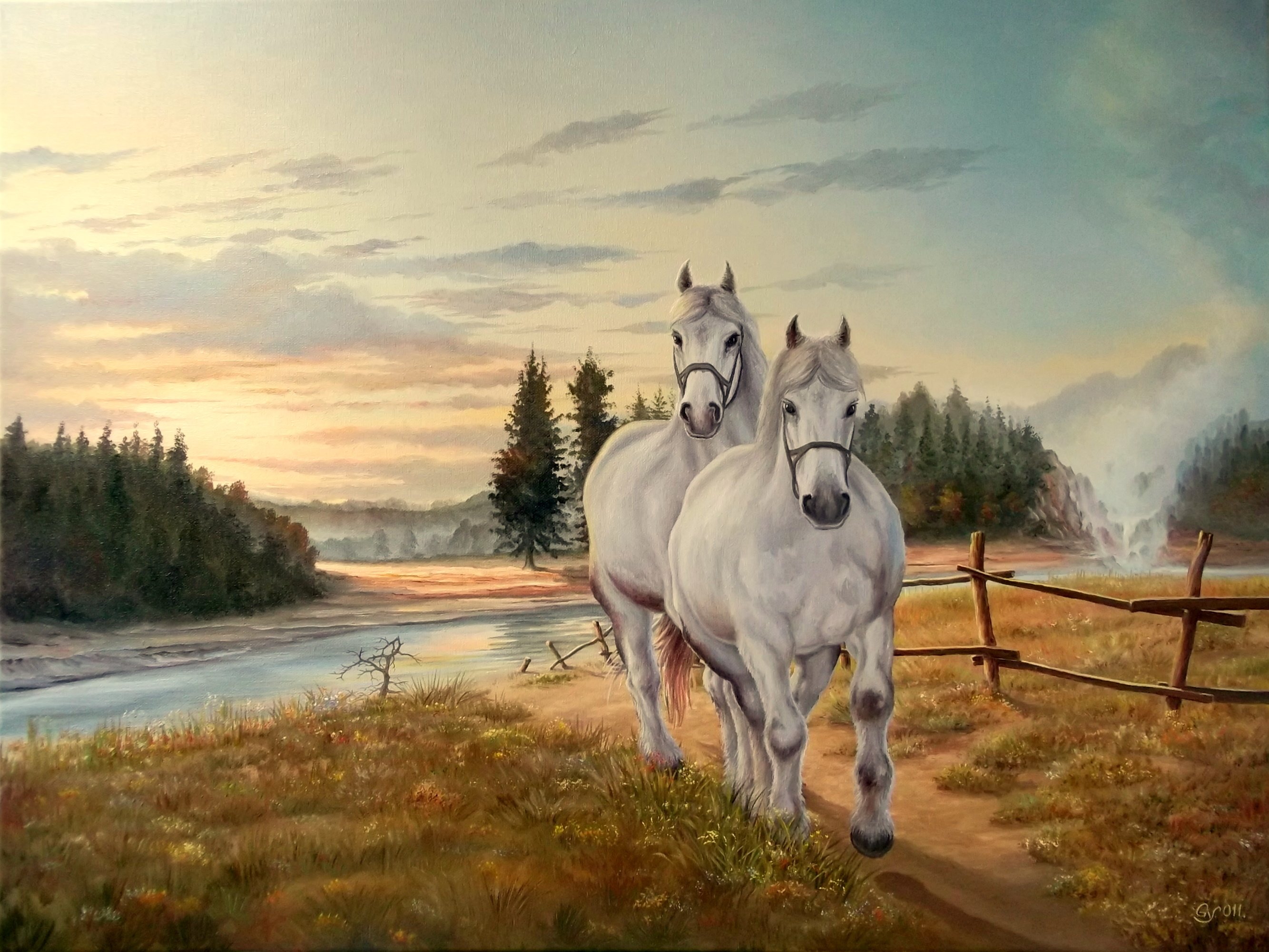 painting, Horse, White, Griva, Grass, Nature, River, Sky, Clouds Wallpaper