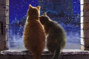 art, Cats, Pair, Love, Snow, Winter, Window, Sill, Castle, Night, Snowflakes