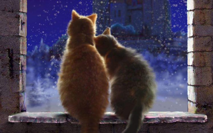 art, Cats, Pair, Love, Snow, Winter, Window, Sill, Castle, Night, Snowflakes HD Wallpaper Desktop Background