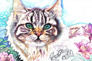 christina, Papagianni, Painting, Pet, Cat, Green, Eyes, Muzzle, Ears, Eyes, Flowers, Face, Color