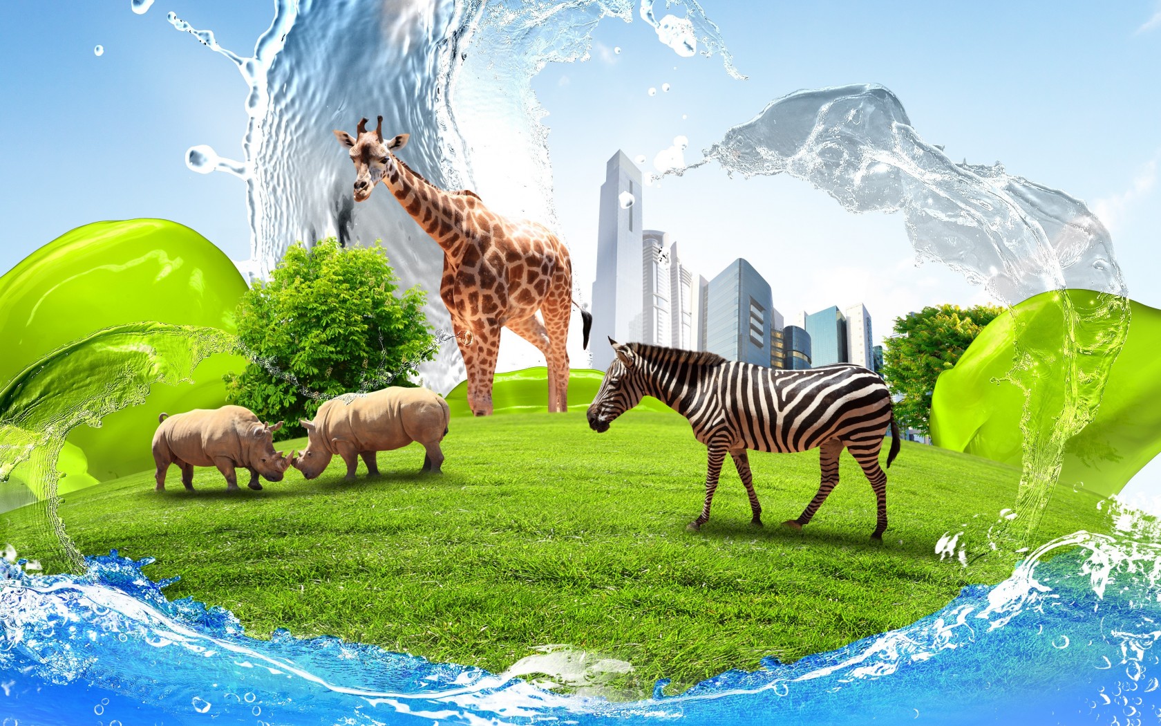 creative, Zebra, Giraffe, Rhino, Buildings, Water, Grass, Lawn Wallpaper