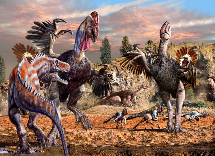 ancient, Animals, Dinosaurs, Gigantoraptor, And, Alectrosaurus, Animals, Dinosaur HD Wallpaper Desktop Background