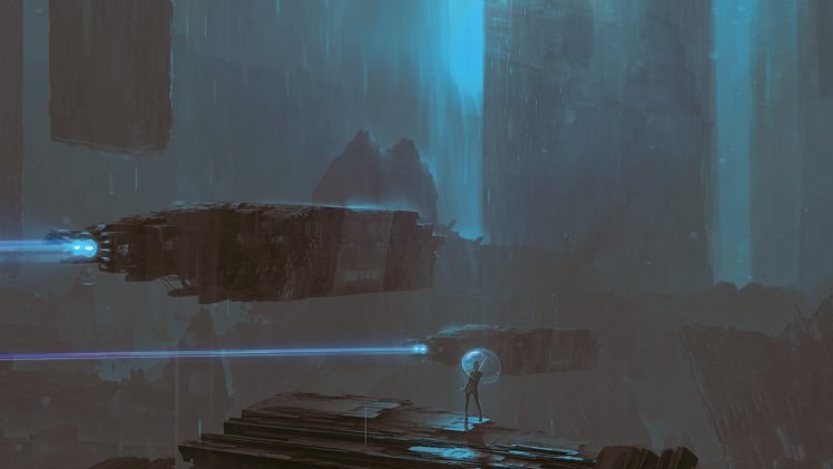rain, Ship, Cyberpunk, Fantasy, Sci fi, Fantasy, Spaceship HD Wallpaper Desktop Background