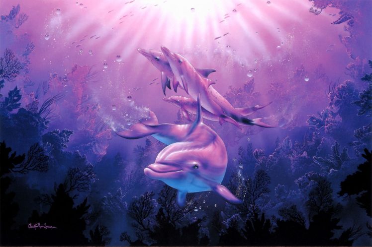 christian, Riese, Lassen, Dolphins, Deep, Sea, Corals, Art, Dolphins, Dolphin, Ocea, Sea, Underwater, Fantasy HD Wallpaper Desktop Background