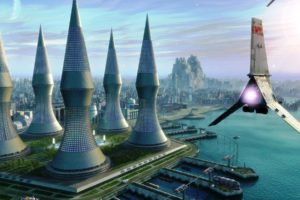 sci fi, Futuristic, City, Artwork, Spaceship