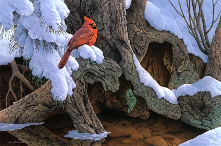 painting, Snow, Winter, Tree, Bird, Cardinal HD Wallpaper Desktop Background