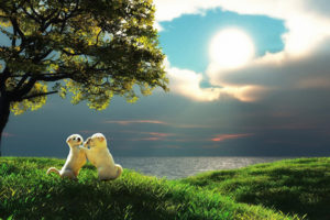 sea, Tree, Grass, Puppies, Puppy, Photoshop, Ocean, Mood, Cute, Sky, Clouds