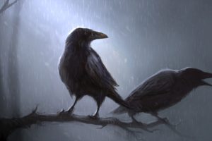 animals, Birds, Crows, Ravens, Poe, Storm, Rain, Trees, Forest, Moon, Moonlight, Art, Artistic, Mood