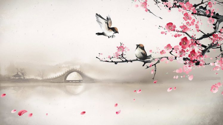 art, Asian, Oriental, Flowers, Blossom, Bridges HD Wallpaper Desktop Background