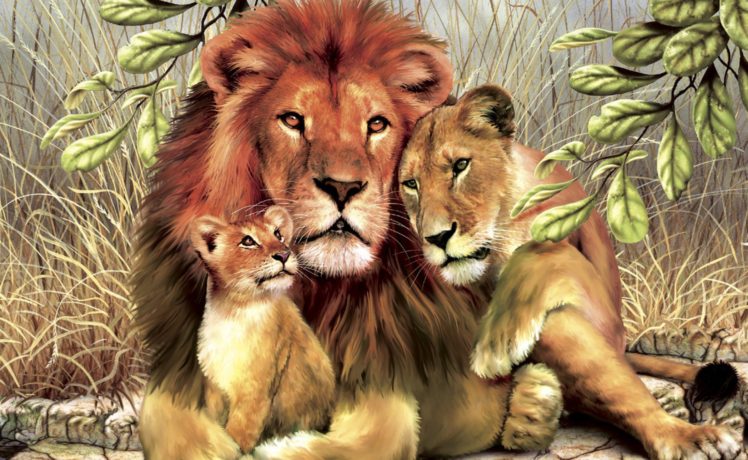 big, Cats, Lions, Painting, Art, Three, 3, Animals, Lion HD Wallpaper Desktop Background