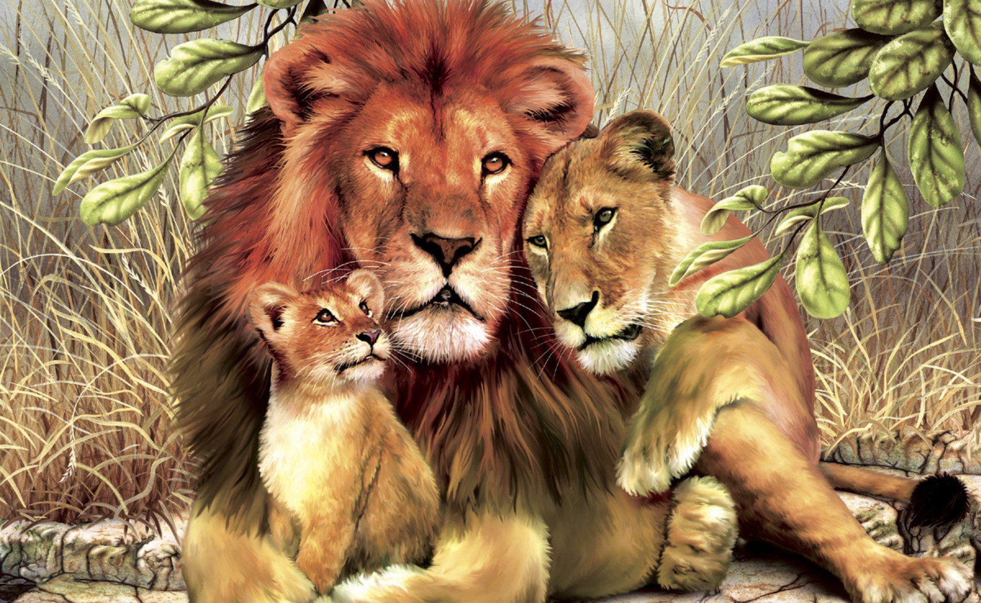 big, Cats, Lions, Painting, Art, Three, 3, Animals, Lion Wallpaper