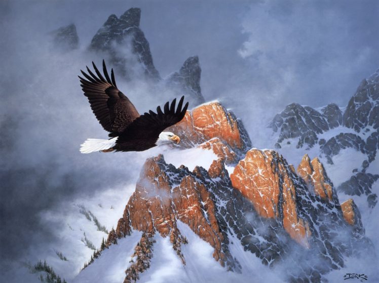 art, Painting, Derk, Hansen, Mountains, Eagles HD Wallpaper Desktop Background