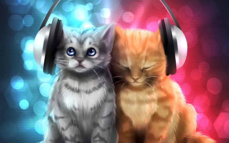 animal, Cat, Cats, Artwork, Art, Kitten, Headphones HD Wallpaper Desktop Background