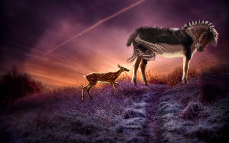 horse, Deer, Sunset, Frost, 3d, Art HD Wallpaper Desktop Background