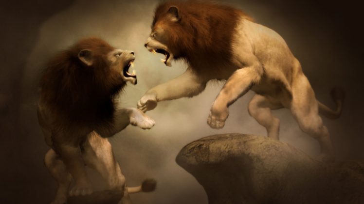 lion, Predator, Battle, Art, Fantasy HD Wallpaper Desktop Background