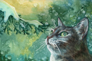 art, Painting, Winter, Cat, Tomcat, Green, Eyes, Mustache, Branch, Tree, Snow, Snowflakes, Miracle