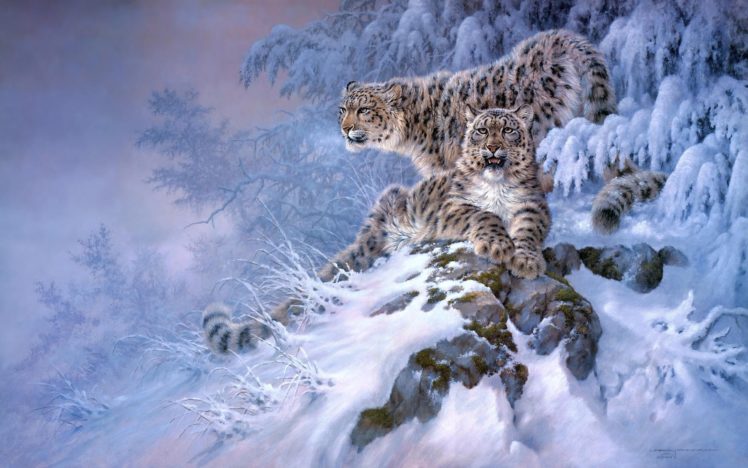 snow, Leopards, Animals, Cats, Predator, Art, Paintings, Winter, Snow, Seasons, Mountains, Hill HD Wallpaper Desktop Background