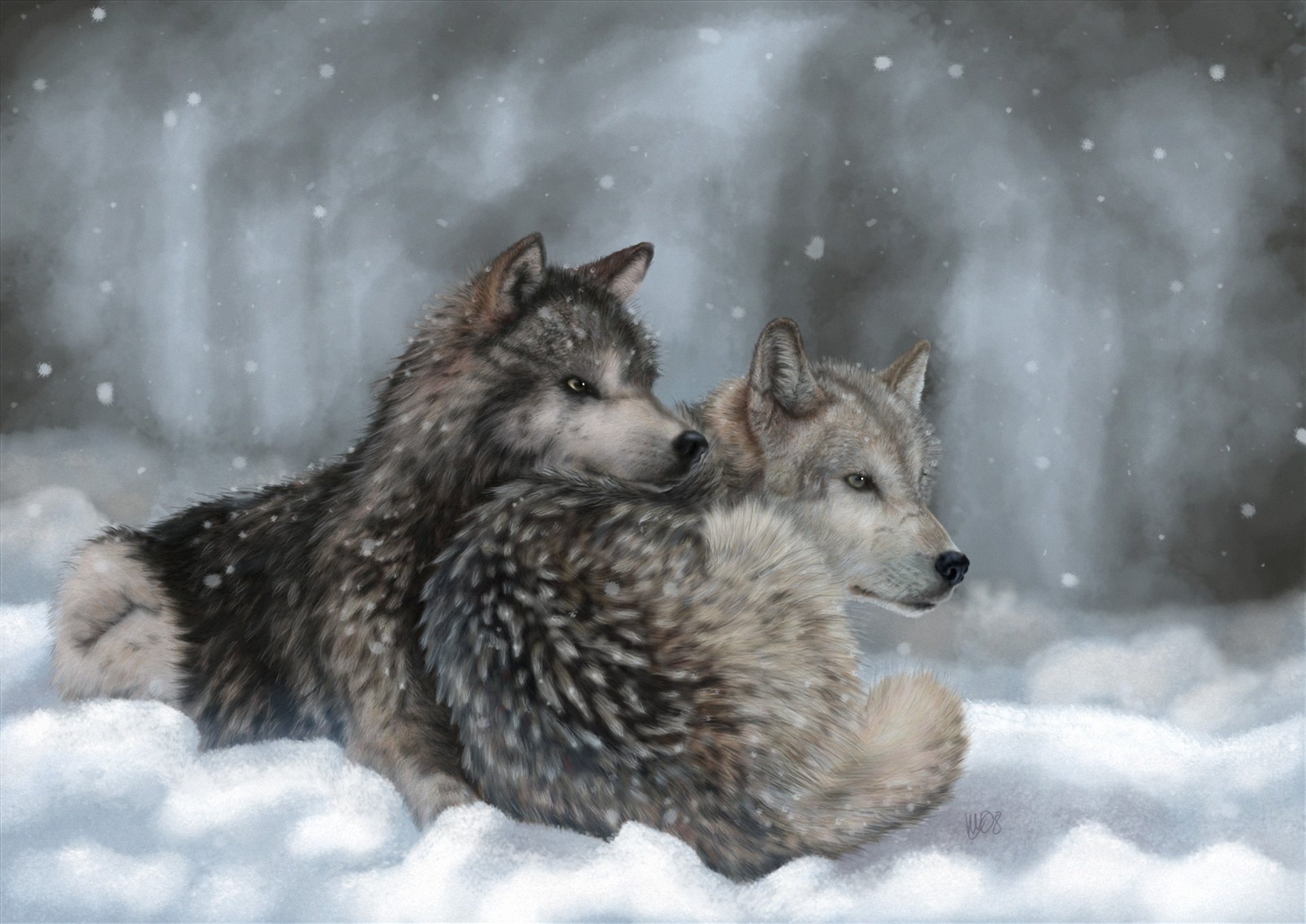 art, Lying, Wolves, Winter, Snow, Wolf Wallpaper