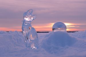 winter, Snow, Sunset, Sculpture, Cat, Ball, Bokeh