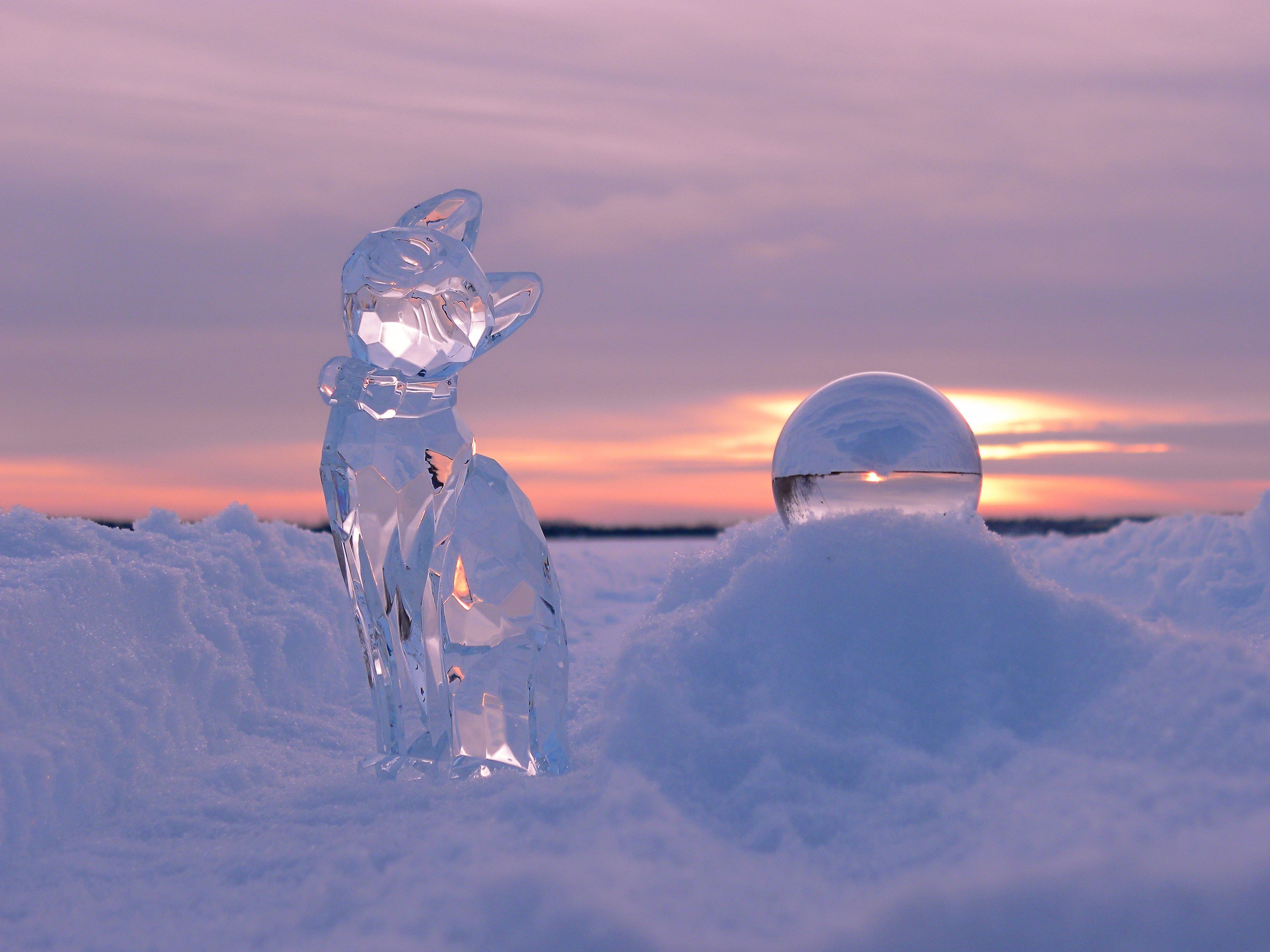 winter, Snow, Sunset, Sculpture, Cat, Ball, Bokeh Wallpapers HD