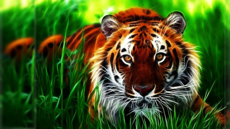 tiger, Fractal, Face, Eyes, Pattern, Stripes, Grass, Art HD Wallpaper Desktop Background