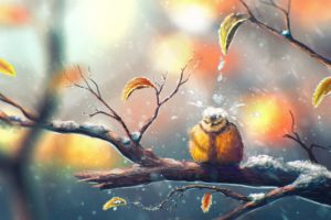 art, Painting, Bird, Tree, Snow, Winter