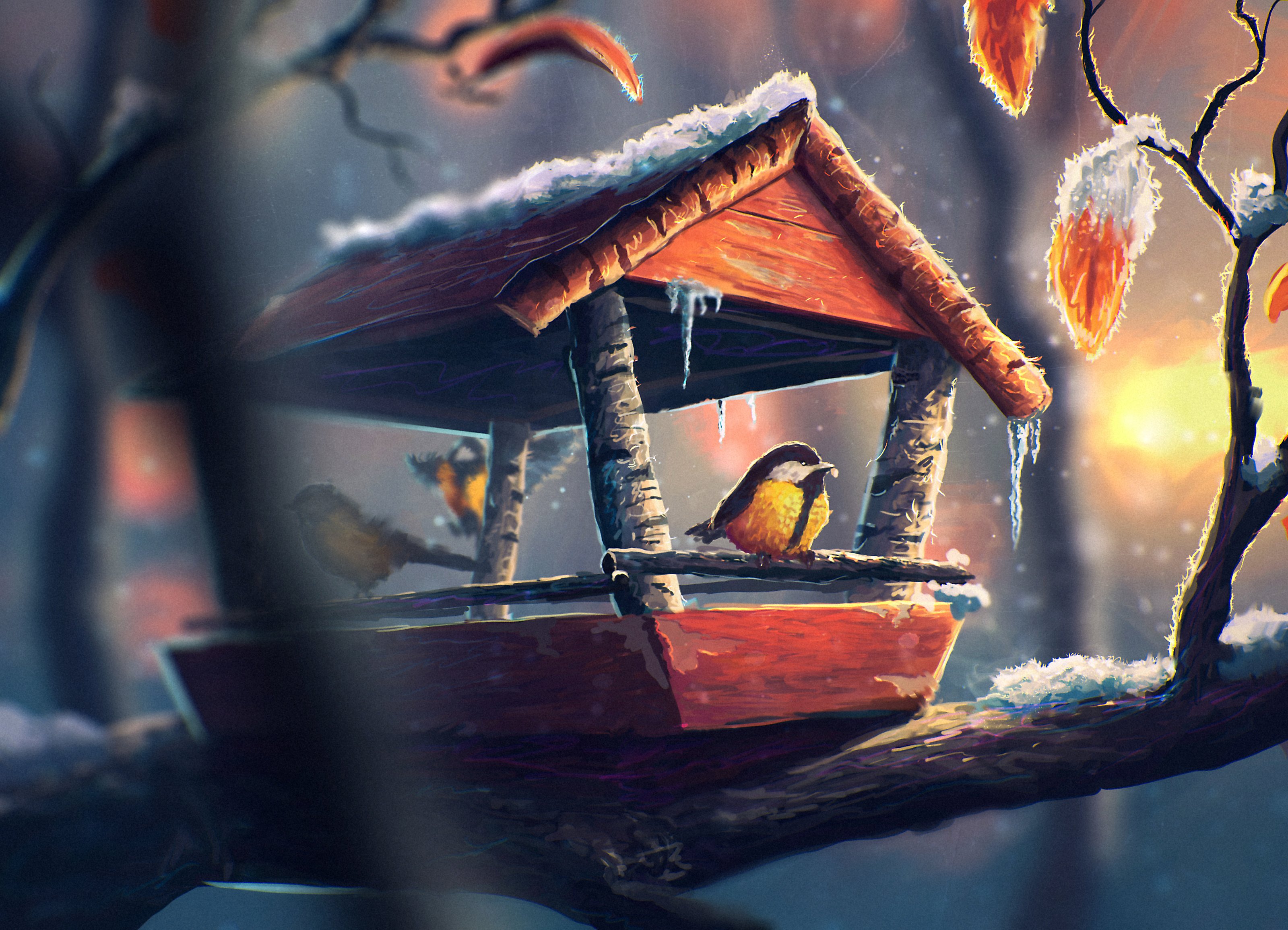 painting, Bird, Art, Feeder, Snow, Ice, Cold, Animal, Winter Wallpaper