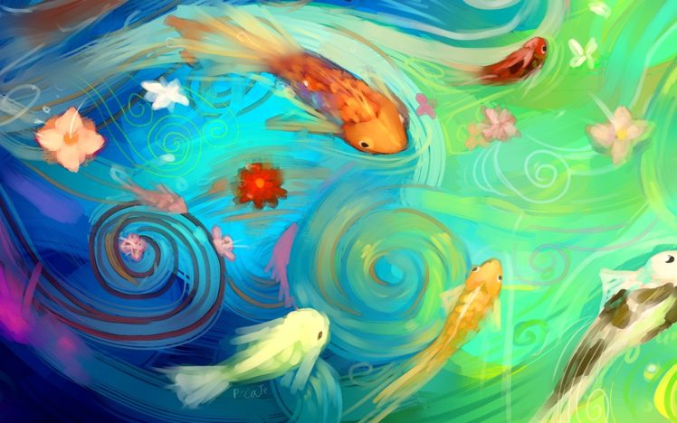 water, Flowers, Fish, Abstraction, Art, Pond, Asian HD Wallpaper Desktop Background