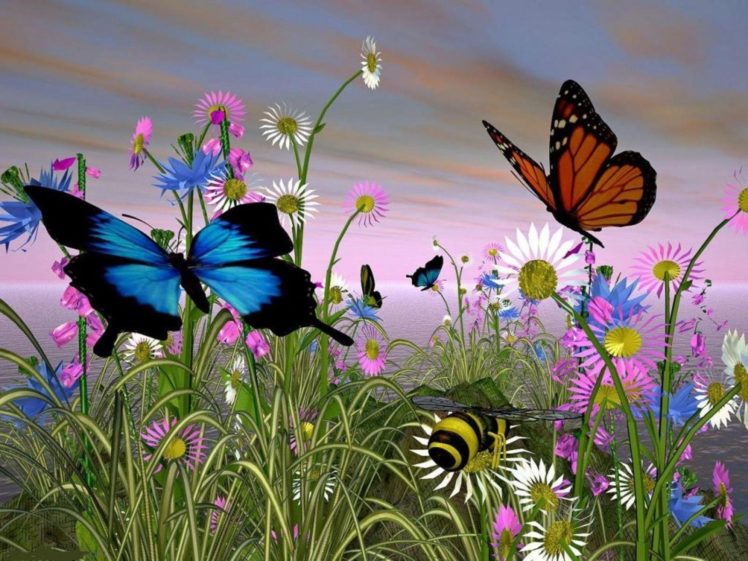 butterflies, And, Flowers, And, Bumble, Bee HD Wallpaper Desktop Background