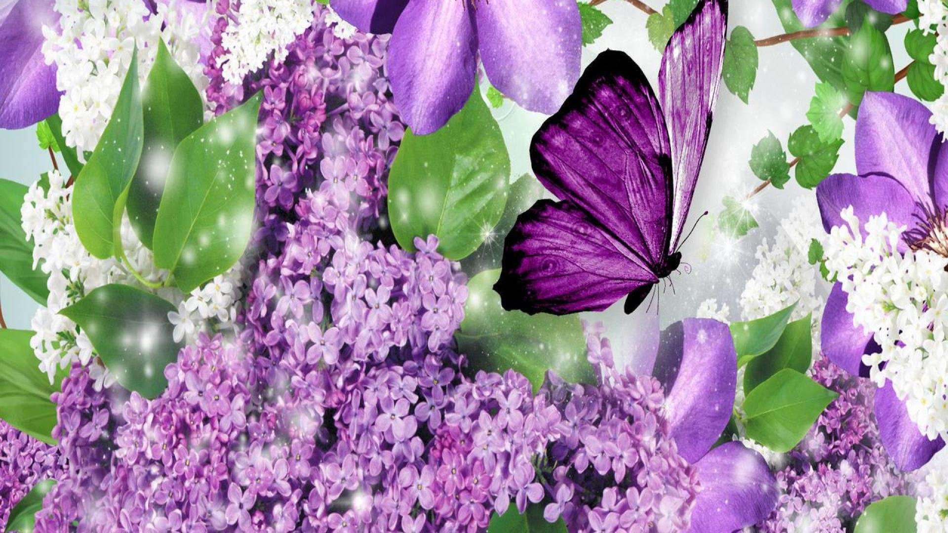 purple, Flowers, And, Purple, Butterfly Wallpaper
