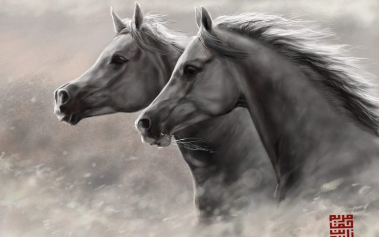couple, Art, Horses, Running, Head, Horses, Beauty, Animal, Painting HD Wallpaper Desktop Background