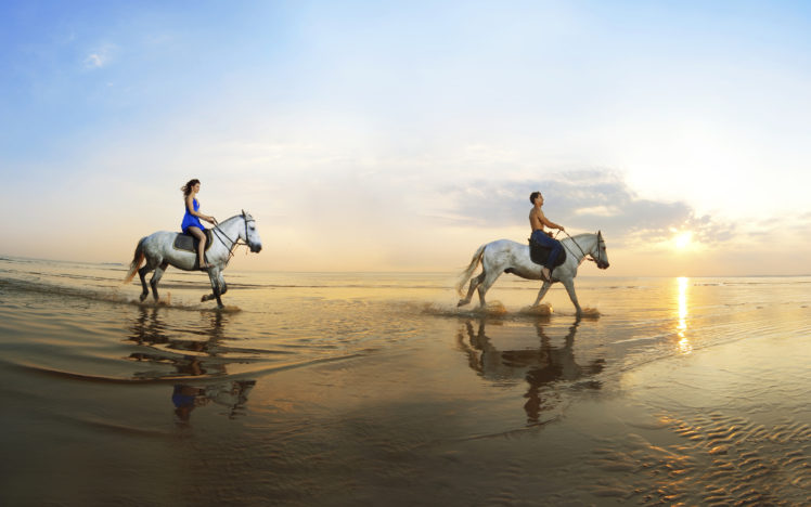 horse, Sea, Coast, Boy, Girl, Walk, Mood HD Wallpaper Desktop Background