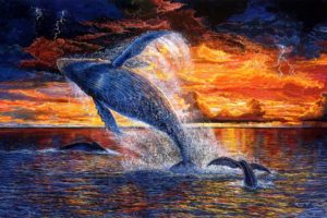 robert lyn nelson, Paintings, Artisticanimals, Whales, Colors, Fly, Flight, Flying, Sunset, Nature, Ocean, Sea, Skies, Clouds