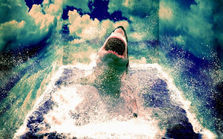 animals, Sharks, Manipulation, Art, Cg, Digital, Artistic, 3d, Psychedelic, Mind, Teaser, Ocean, Sea, Nature, Sky, Clouds, Waves, Scary, Spooky, Fangs, Jaws, Movies HD Wallpaper Desktop Background