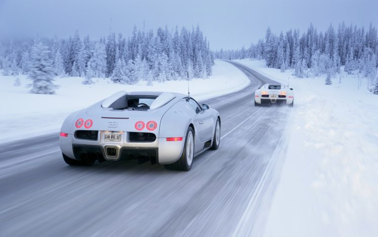 bugatti, Veyron, Vehicles, Cars, Exotic, Supercar, Landscapes, Nature, Winter, Snow, Blizzard, Trees, Forests, Roads, Track HD Wallpaper Desktop Background