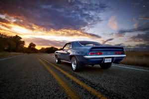 1969, Chevy, Camaro, Ss, Vehicles, Auto, Chevrolet, Retro, Classic, Muscle, Wheels, Roads, Sunset, Sunrise, Sky, Clouds, Trees, Chrome, Stripes
