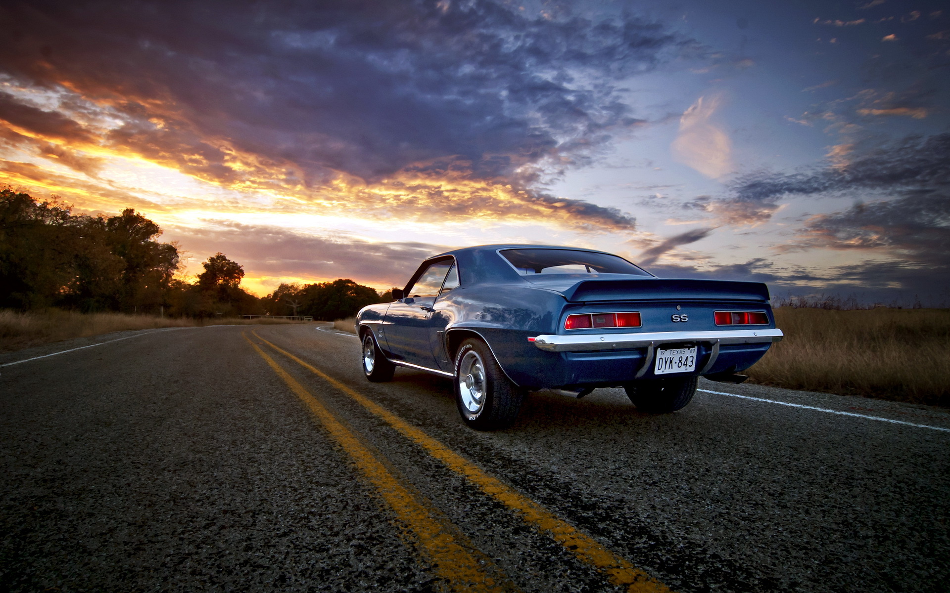 1969, Chevy, Camaro, Ss, Vehicles, Auto, Chevrolet, Retro, Classic, Muscle, Wheels, Roads, Sunset, Sunrise, Sky, Clouds, Trees, Chrome, Stripes Wallpaper