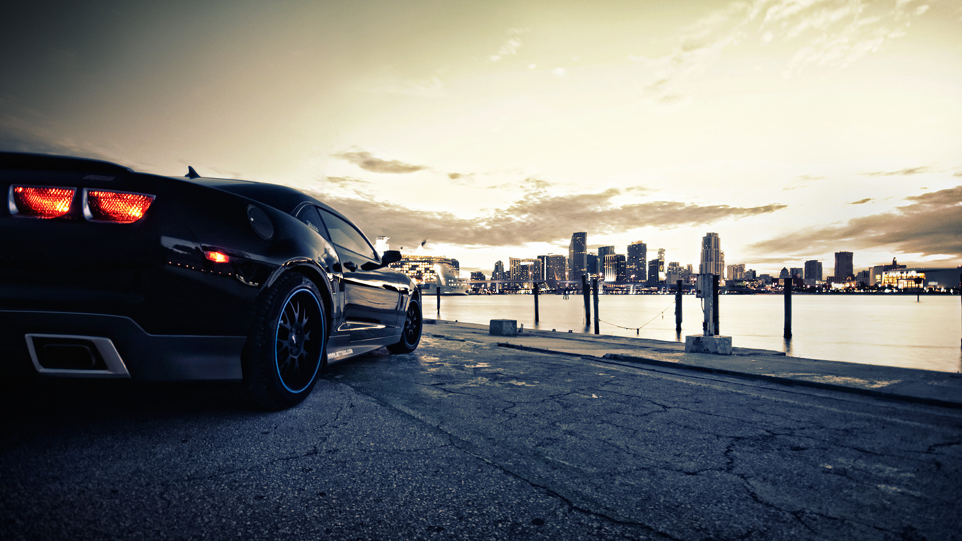 chevrolet, Camaro, Ss, Vehicles, Cars, Auto, Chevy, Roads, Brake, Lights, Exhaust, Wheels, Muscle, Bay, Ocean, Sea, Water, Cities, Skyline, Cityscape, Scapes, Sky, Clouds, Architecture, Buildings, Skyscrapers, Sc Wallpaper